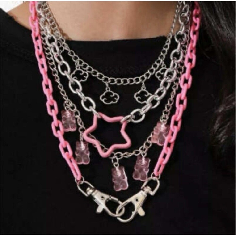 Retro Punk Cloud Star Gummy Bear Hot Pink Necklace Kidcore Twee